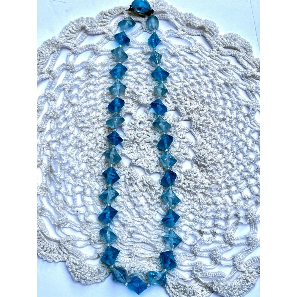 Vintage Made in Austria Blue Lucite Faceted Bead Necklace 1950s 1960s Retro